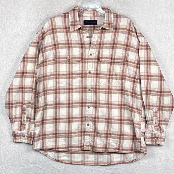 VTG Abercrombie & Fitch 90s Oversized Flannel Shirt Men XL Cream Pink Plaid Y2K - Picture 2 of 8